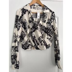 NWT Steps New York Cream and Black Wrap Blouse Size Medium